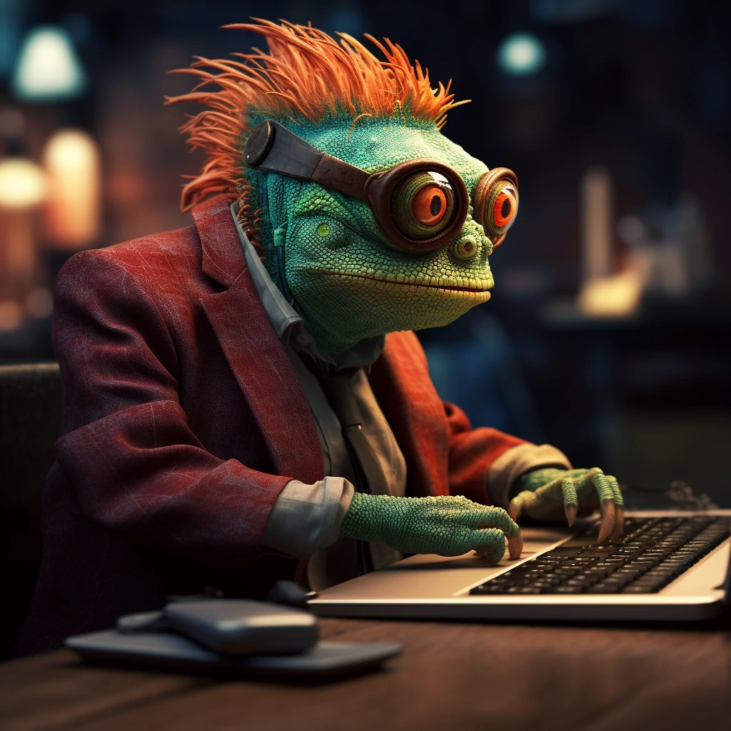 a freelance copywriter chameleon hard at work on a laptop