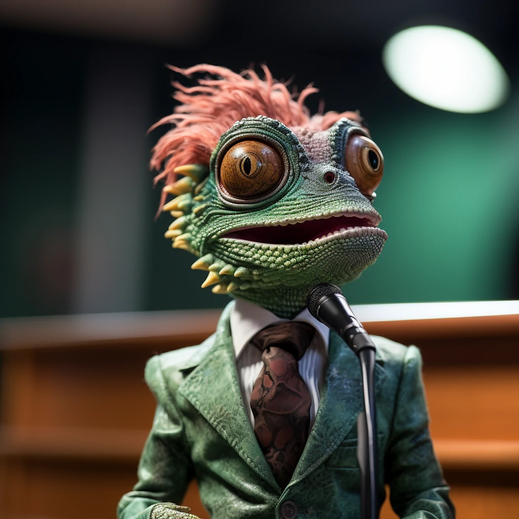 a smartly dressed chameleon standing in front of a microphone