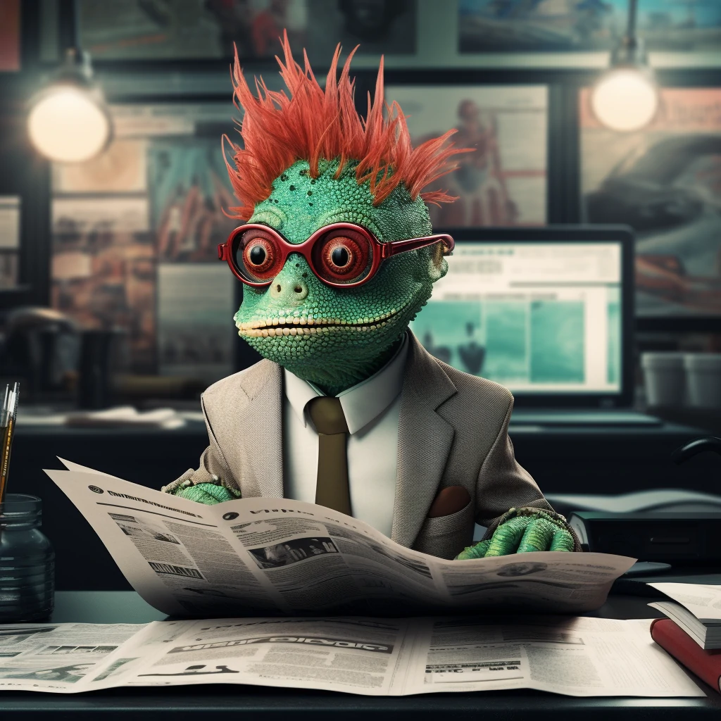 a chameleon sitting at a desk in an office reading a newspaper