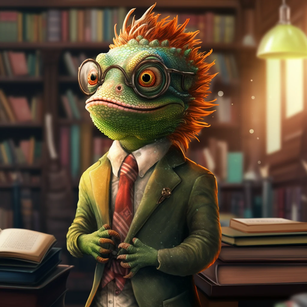 a chameleon standing in a library wearing a smart suit
