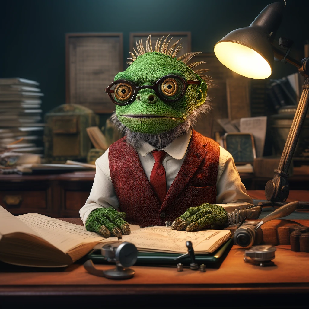 an older chameleon with glasses sitting in a dimly lit office
