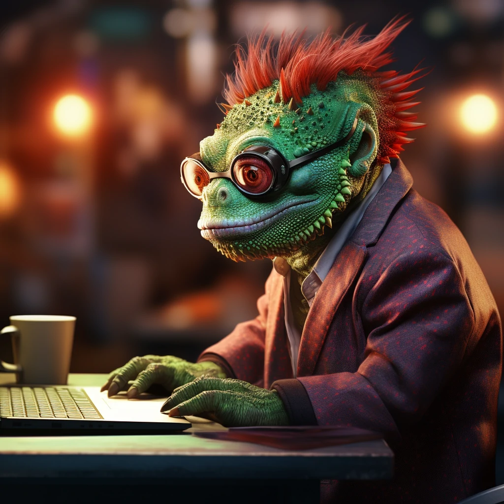 a chameleon sitting at a laptop with a cup of coffee