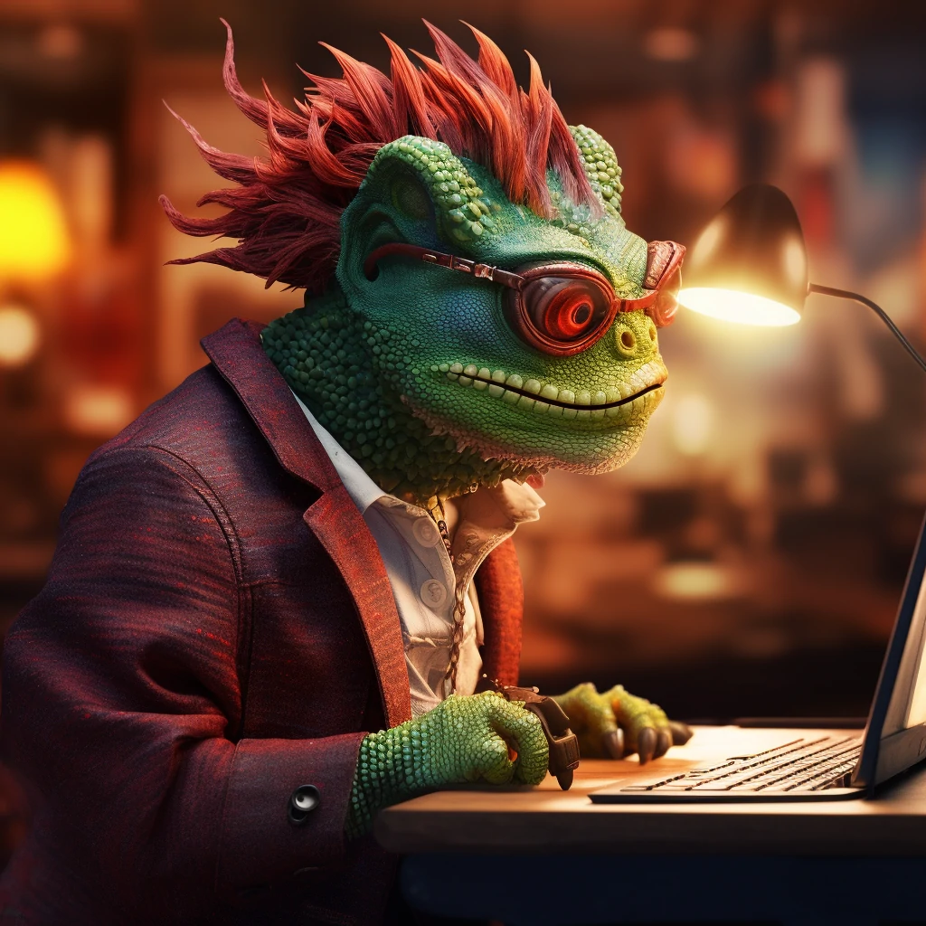 a chameleon wearing a red jacket and working on a laptop