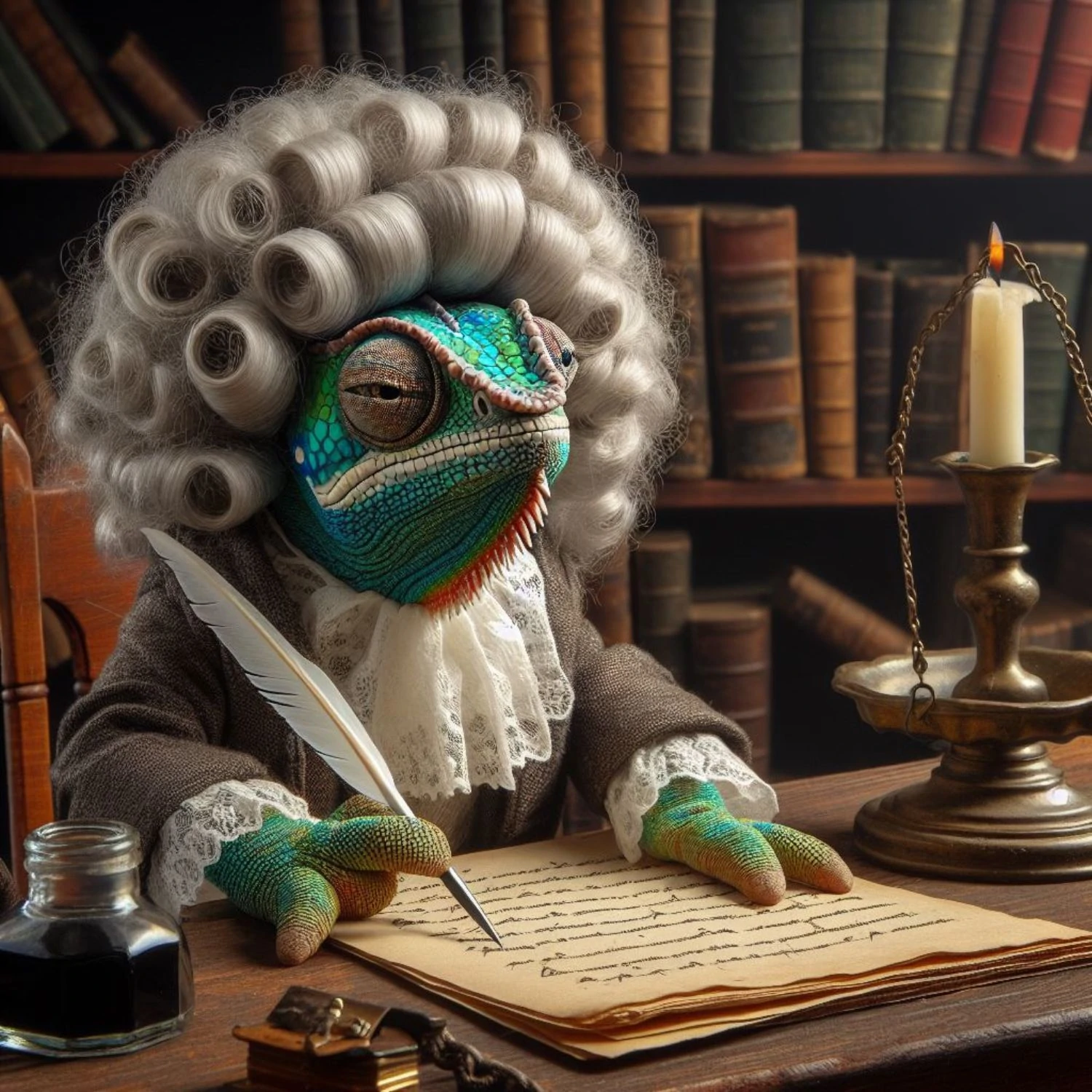 A chameleon wearing an old white wig trying to find his voice by writing